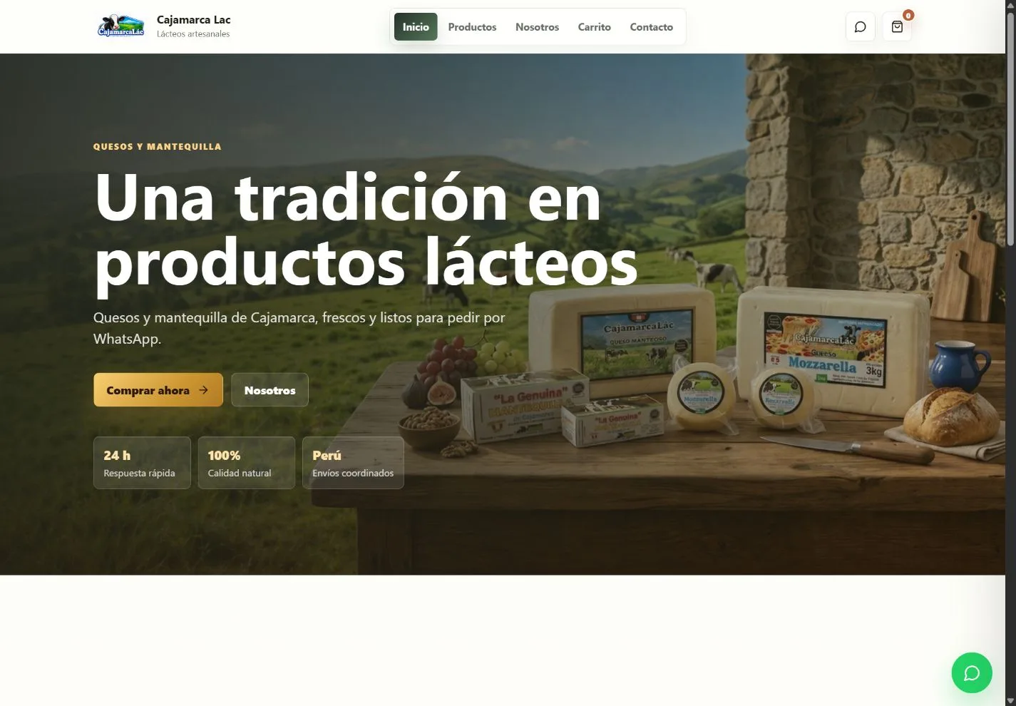 Captura real de CajamarcaLAC, catálogo de lácteos
